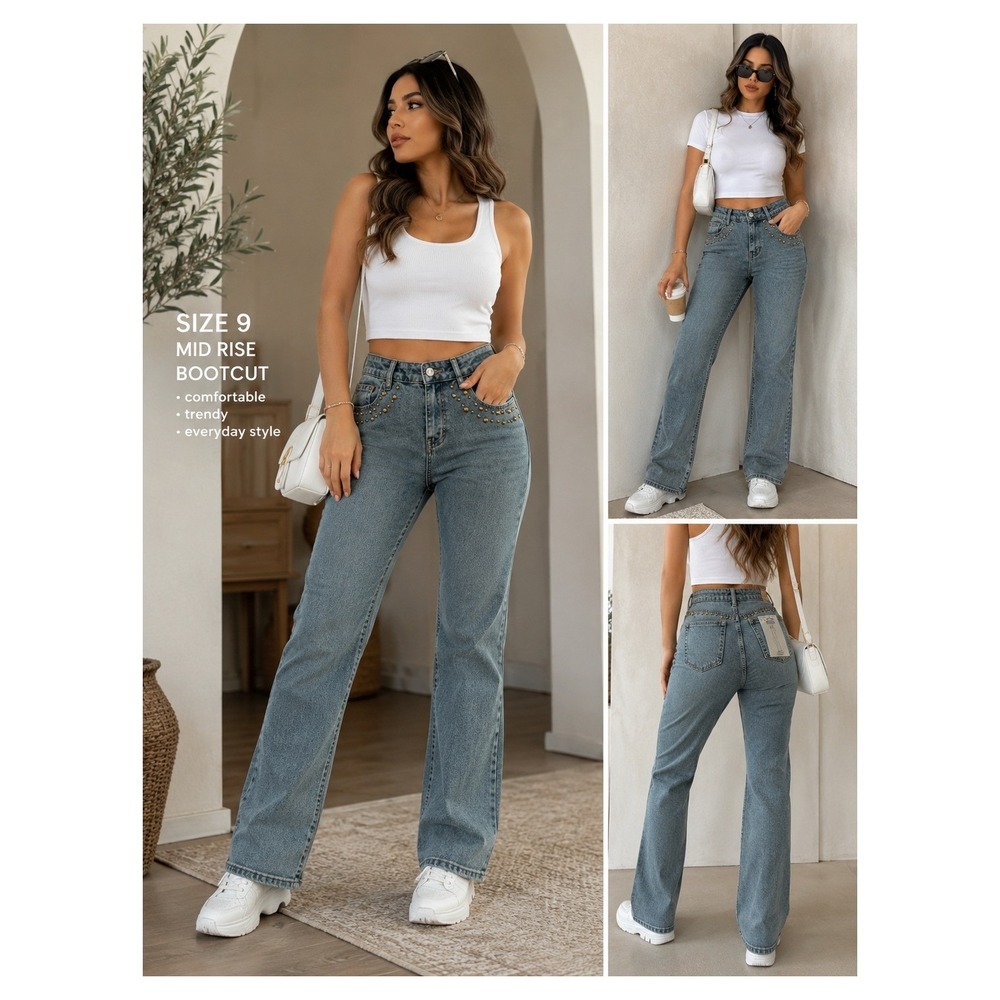 Madden Girl Mid Rise Bootcut Jeans Blue Studded Denim Size 9 NEW - Picture 2 of 10